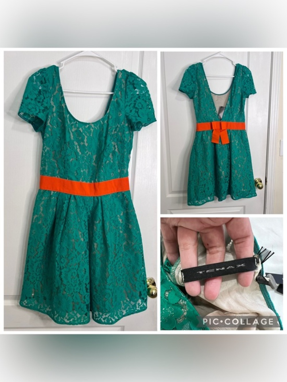 Tenax Teal Lace Fit Flare Dress with Orange Waist Sash size S